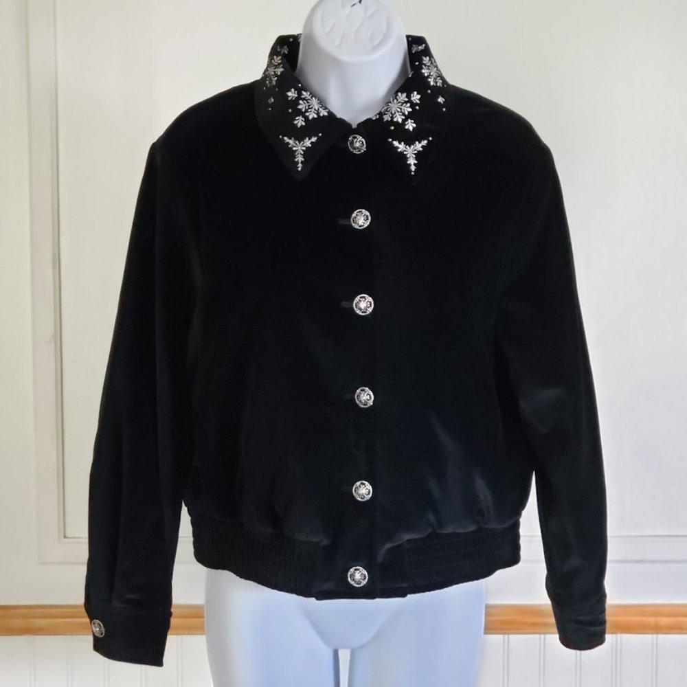SOLD ST.JOHN SPORT Womens Bomber Jacket XS Black Velvet Embroidered Snowflake - Picture 12 of 12